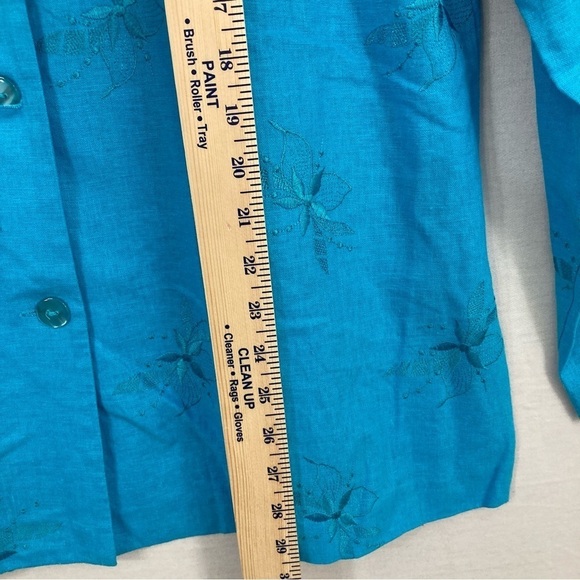 Vintage Blue Linen Blend Floral Embroidered Long Sleeve Button Down Large - Picture 5 of 9